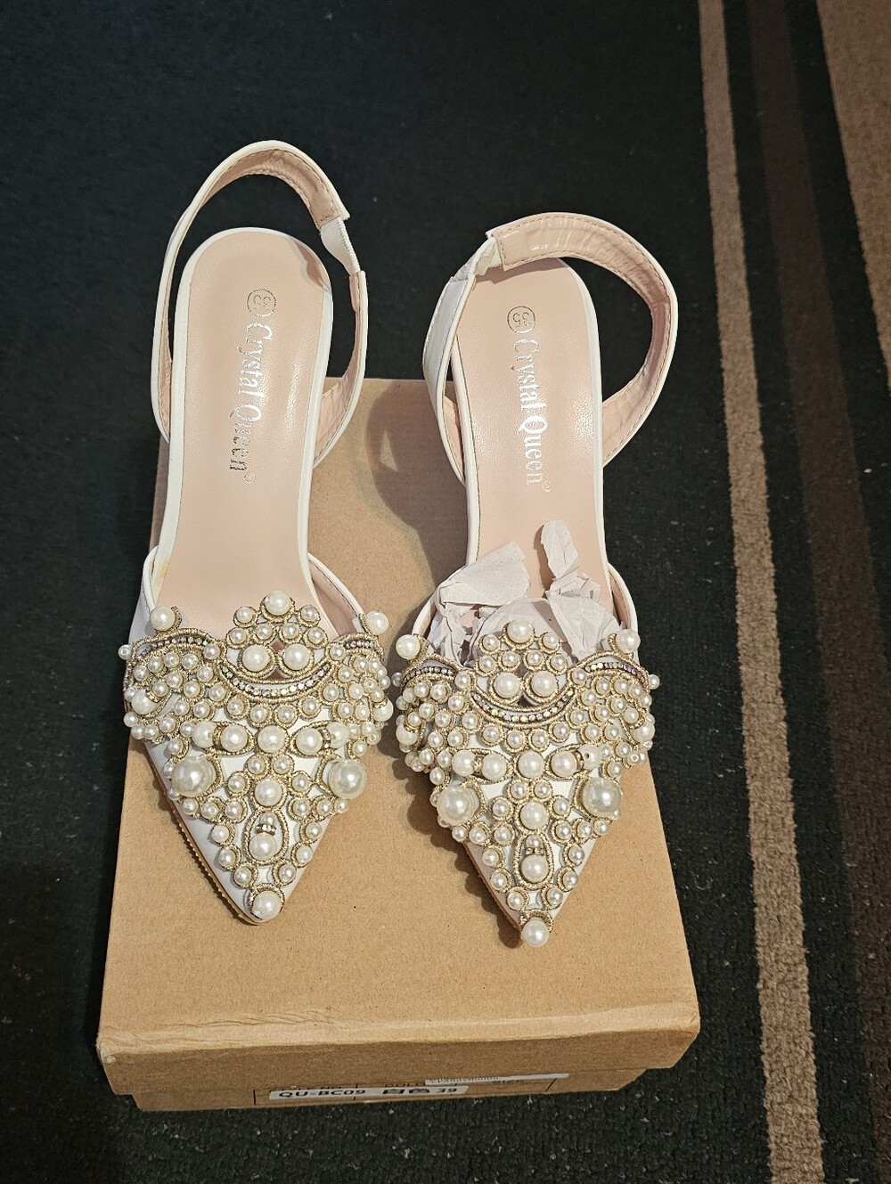 Pearl-Embellished Pointed Slingback Heels